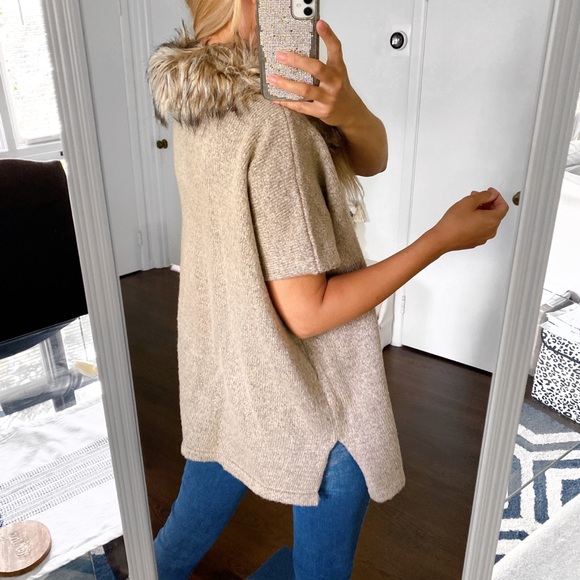 🍂 LOVE YOUR CLOTHES FAUX FUR OATMEAL KNIT PONCHO  CARDIGAN SWEATER! - Picture 3 of 11